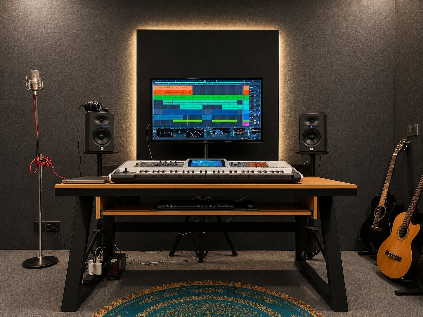Studio17 production desk with monitors, keyboard controller and guitars