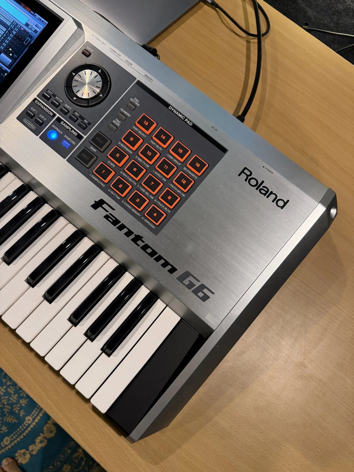 Close-up of the Roland Fantom G6 pads and keybed